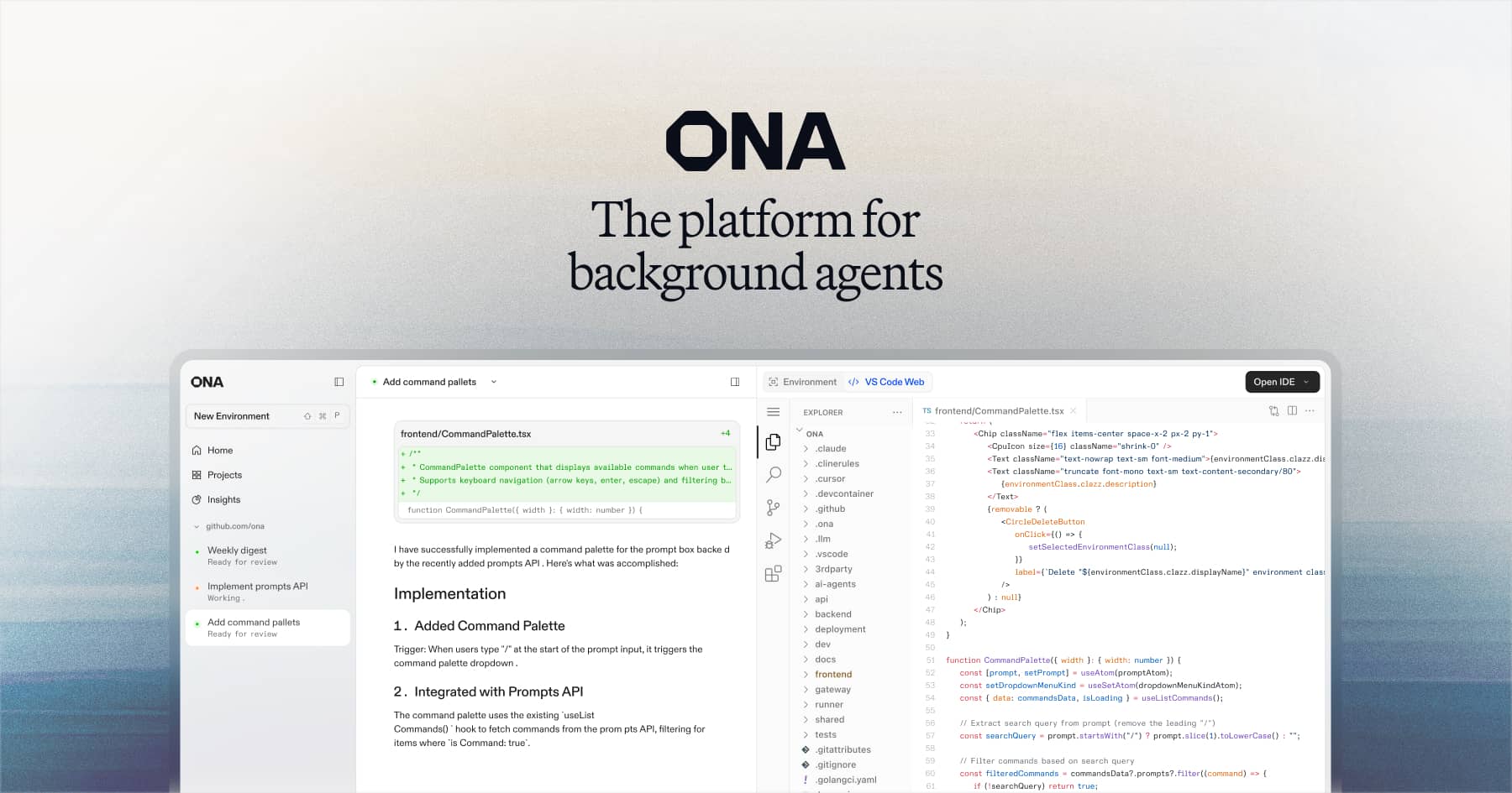 Ona interface showing background coding agents beside a cloud development environment